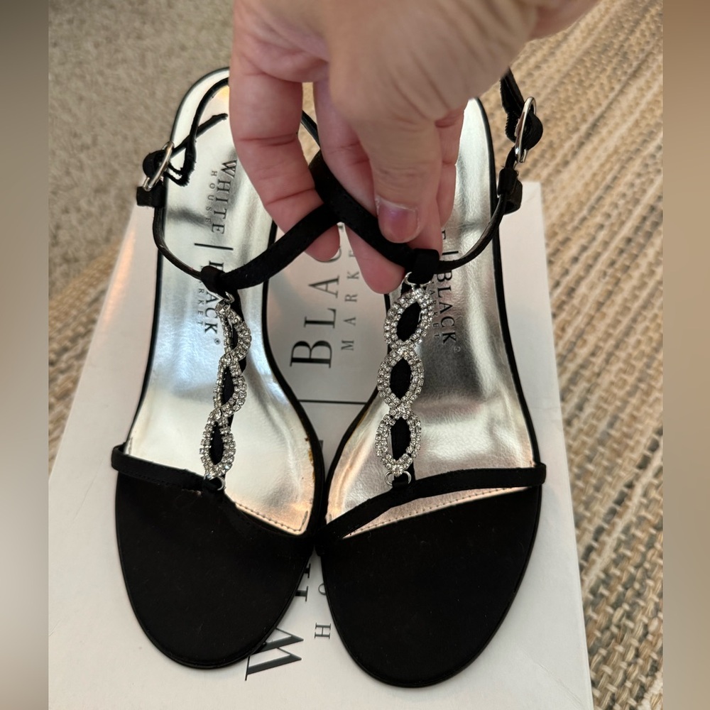 WHBM White House Black Market black satin and rhinestone strappy heels size 6.5